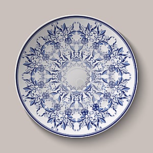 Round blue delicate floral pattern. Chinese style painting on porcelain. The ornament shown on the ceramic platter.