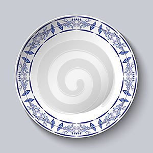 Round blue floral frame. Styling elements based on Chinese or Russian porcelain painting. Ornament shown in a ceramic dish.