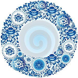 Round blue floral frame for your design. Vector