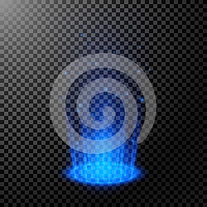 Round blue glow rays. Night scene with sparks. Magic fantasy portal. Empty light effect podium. Futuristic teleport. Vector photo