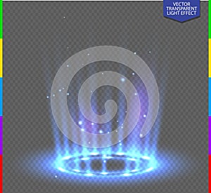 Round blue glow rays night scene with sparks on transparent background. Empty light effect podium. Disco club dance floor. Show