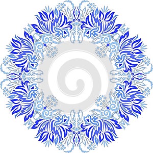 Round blue pattern frosty flowers on a white background photo