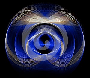 Round blue striped symmetrical pattern with light inserts. Abstract pattern on a black background. An element of graphic design.