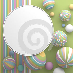 A round border frame with a copy space on white background. Abstract geometric composition in pastel colors from spheres of differ