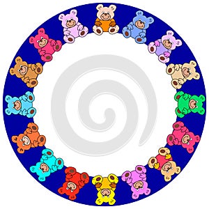 Round border out of colorful teddies