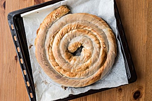 Round Borek in tray / Greek Cheese pie. photo
