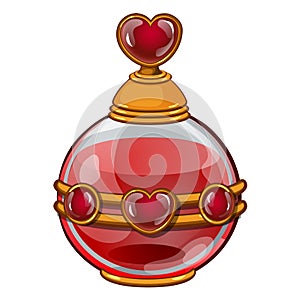 Round bottle with perfume or elixir and heart for valentine day
