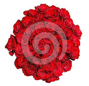 round bouquet of red roses over white background