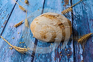 Round bread on rustic background. Wheat ears, spikelets, awns, grains.
