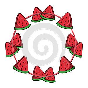 Round bright frame, juicy red pieces of watermelon, copy space, vector cartoon