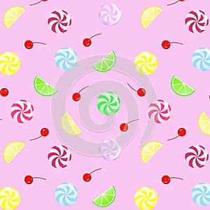 Round bright lollipops, lime and lemon slices. cherry. Yummy colorful sweet lollipop seamless pattern