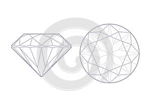 Round brilliant cut diamond side and top views. Outline icon with editable stroke. Vector illustration