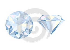 Round brilliant cut diamond top and side views. Colored flat icon. Vector illustration