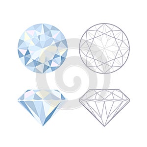 Round brilliant cut diamond top and side views. Flat and outline icons. Tditable stroke. Vector illustration