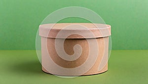 Round brown cardboard box on green background. Mock up. Packaging for delivery. Eco package