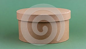 Round brown cardboard box on green background. Mock up. Packaging for delivery. Eco package