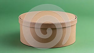 Round brown cardboard box on green background. Mock up. Packaging for delivery. Eco package