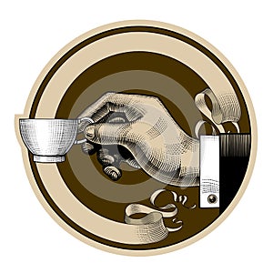 Round brown retro coffee label with ribbon and man`s hand holdin