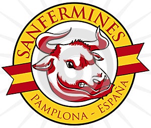 Round Button with Angry Bull Design for Spanish San Fermin, Vector Illustration photo