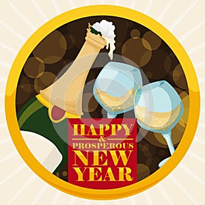 Round Button with Champagne and Wineglasses for New Year Celebration, Vector Illustration