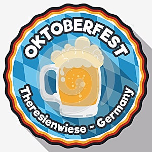 Round Button with Frothy Beer for Oktoberfest in Flat Style, Vector Illustration