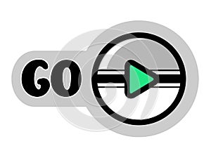 Round button for go playing game or icon for play video. Grey, white and green color.
