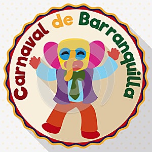 Round Button with Happy Marimonda Character for Barranquilla`s Carnival Celebration, Vector Illustration