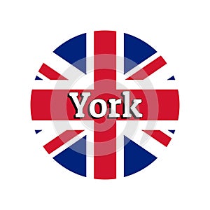 Round button Icon of national flag of United Kingdom of Great Britain. Union Jack on the white background with lettering
