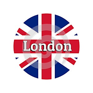 Round button Icon of national flag of United Kingdom of Great Britain. Union Jack on the white background with lettering