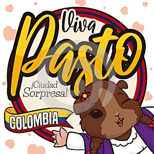 Button with Cute Female Guinea Pig Promoting Pasto City in Colombia, Vector Illustration