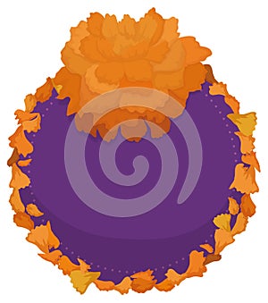 Round button with marigold flower and petals, Vector illustration