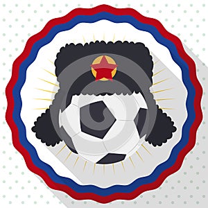 Round Button with Traditional Russian Ushanka Hat and Soccer Ball, Vector Illustration