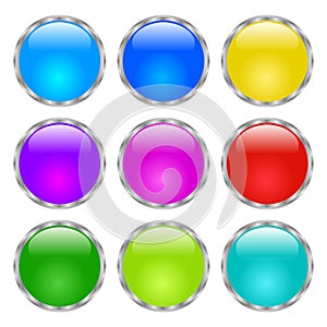 Round buttons. Shiny Web icon with metallic frame. Isolated on white background. Raster version vector