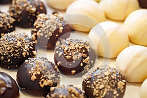 Round cakes with white and dark chocolate and nuts, selective focus