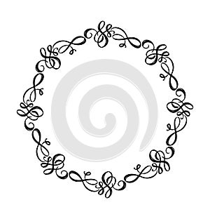 Round calligraphic vector wedding frame wreath with place for text. Isolated flourish vintage element for design