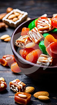 Round candies mixed with nuts at Ramadan, Generative AI