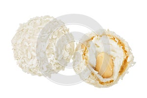 round candy raffaello with coconut flakes and nut isolated on white background. Top view. Flat lay. photo