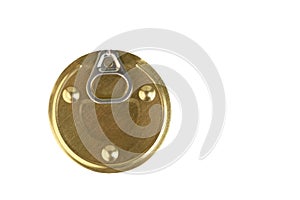 Round canner lid with gold-coloured can opener. Transparent background. PNG