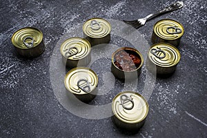 Round cans of canned fish in sauce with one open and a fork to empty it