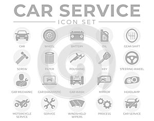 Round Car Service Icons Set with Battery, Oil, Gear Shifter, Filter, Polishing, Key, Steering Wheel, Diagnostic, Wash, Mirror,