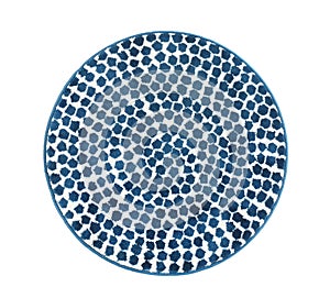 Round carpet with ornament on white background, top view