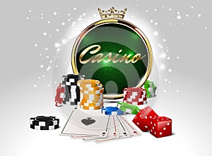 Round casino golden frame with crown, stack of poker chips, ace cards and red dice on green background. Online club emblem