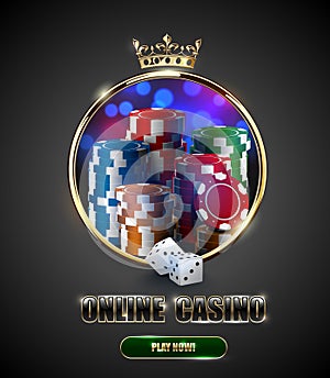 Round casino roulette golden frame window with crown, stack of poker chips and white dice on bright bokeh background. Gambling