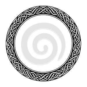 Round Celtic frame. Black pattern, isolated vector on white background.