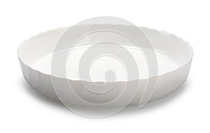round ceramic baking dish, isolated on white background.