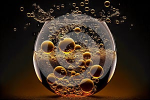 round champagne bubbles rise up in golden liquid
