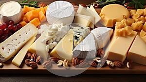round cheese plate with different types of fermented milk products. Assortment on a wooden board.