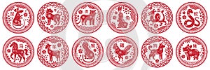 Round Chinese zodiac signs. Circle stamps with animal of year, china New Year mascot symbols vector set