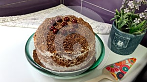 Round chocolate cake with cherries in a green plate