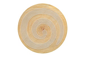 Round chopping board isolated on white background. Above view